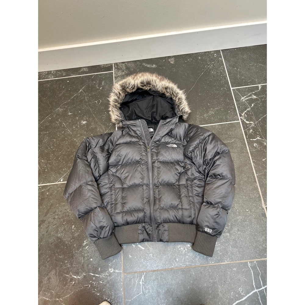 The North Face Gotham 550 Down Puffer Jacket Grey Faux Fur Hood Womens Small